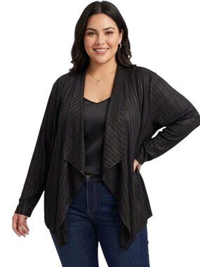 Linea Domani Black Ribbed Draped Open-Front Black Cardigan | 3x